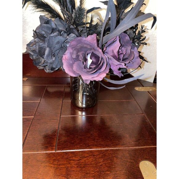 Gothic Black & Purple Rose Bouquet with Skull Accent Halloween Decor - Picture 7 of 11